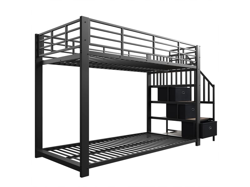 Lit superposé adulte 90x200 cm noir avec escalier, rangement, led et prises Fay Lum - Conforama R