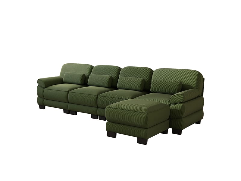Canapé modulaire 4 places en velours côtelé vert avec pouf pour salon - Conforama A