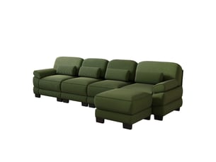 Canapé modulaire 4 places en velours côtelé vert avec pouf pour salon