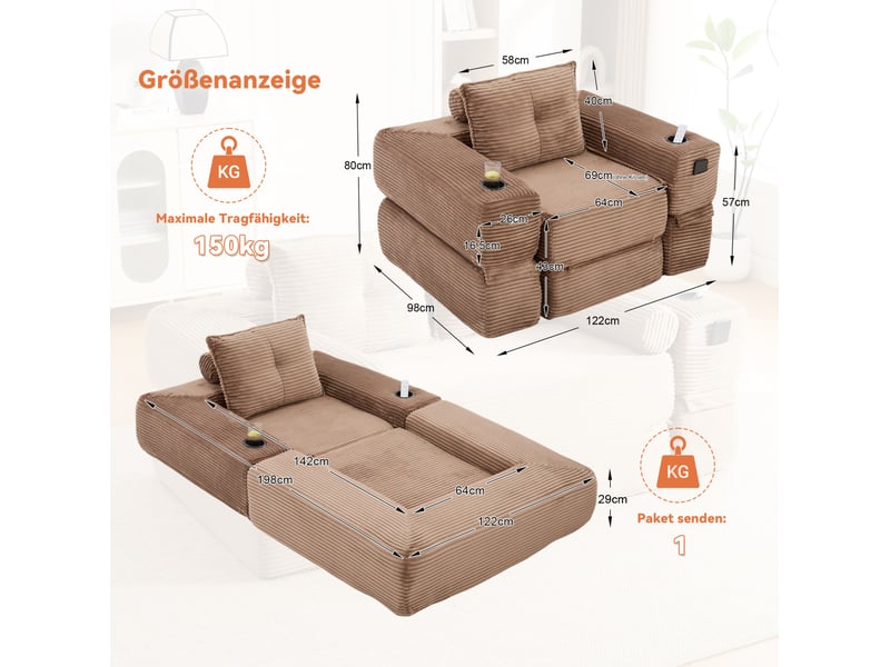  Canapé convertible 1 place avec poches latérales, porte-gobelet et accoudoirs amovibles en velours côtelé marron  - Conforama C