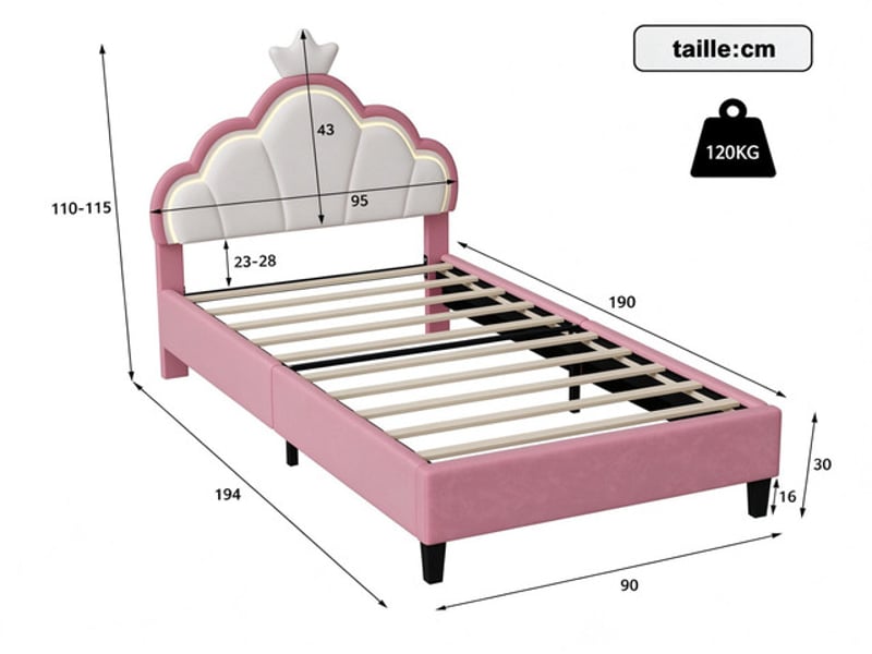 Lit enfant 90x190 cm ezssw, coloris rose - Conforama C