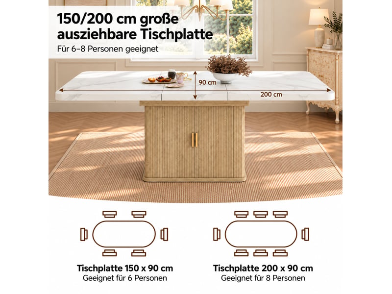  Table de salle à manger extensible pour 6 à 8 personnes avec rangement en mdf blanc effet marbre et coloris chêne  - Conforama E
