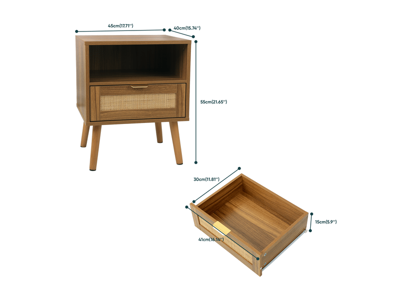  Table de chevet 45x40x55 cm finition noyer avec 1 tiroir et niche en rotin  - Conforama C