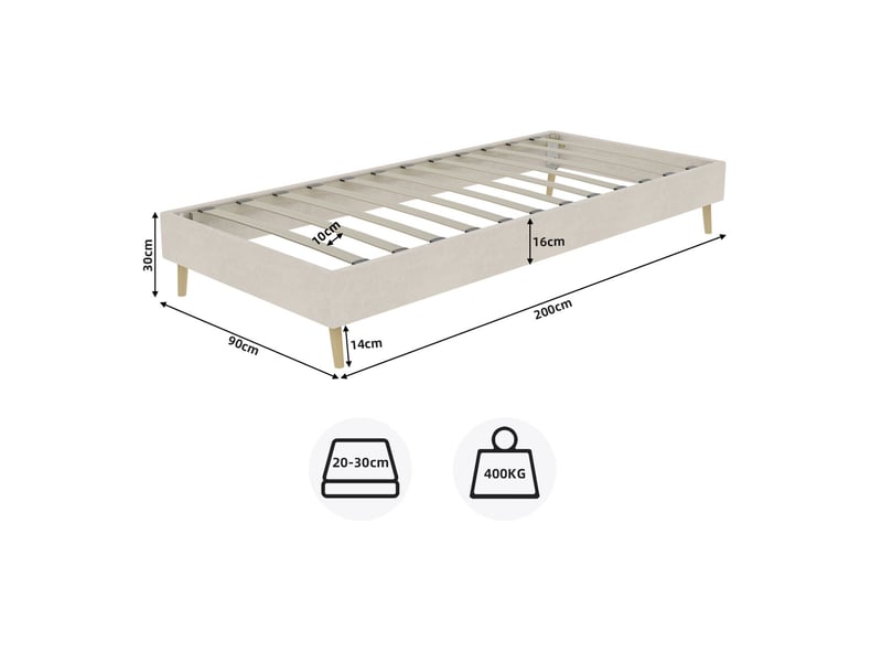  Lit une personne 90x200 cm, tissu velours hollandais beige, lit moderne, base profil bas, structure robuste  - Conforama C
