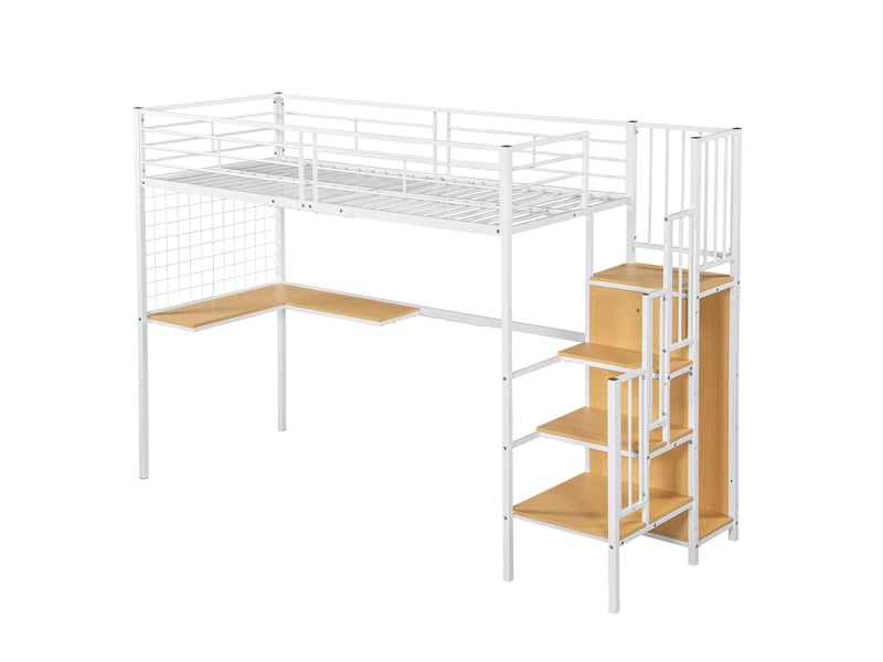 Lit mezzanine enfant 90x200 cm – blanc et naturel – bureau, armoire et escalier latéral avec main courante - Conforama D