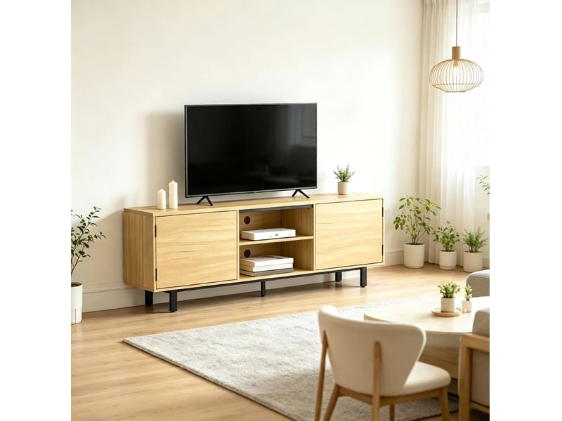  Meuble tv 160 cm pour écran jusqu’à 65 pouces, 2 portes et 2 niches, naturel noir  - Conforama B