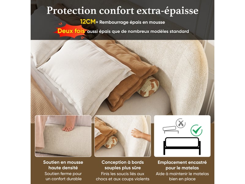  Lit double capitonné 140x190 cm,tissu chenille doux,tête de lit,coins arrondis,sommier à lattes,sans matelas,beige  - Conforama D