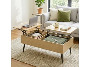 Table basse relevable avec double plateau, bois naturel, table de salon avec compartiment caché et pieds en métal