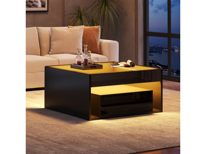 Table basse noire laquée 70x70 cm, 2 tiroirs, verre trempé et led, design ajouré – table de salon - Conforama E