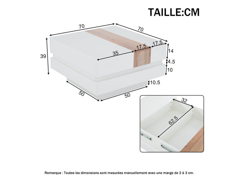  Table basse carrée avec 2 compartiments et plateau coulissant, rangement discret, salon, 70 × 70 × 39 cm - uvrion  - Conforama E