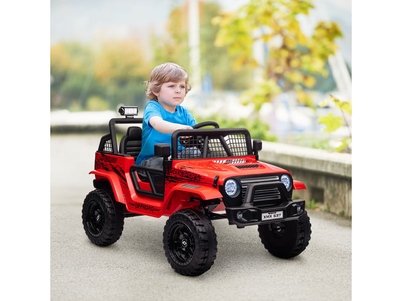  Voiture électrique pour enfants avec suspension souple, télécommande, phares led, klaxon, moteurs 12 v, en plastique et métal, rouge  - Conforama D