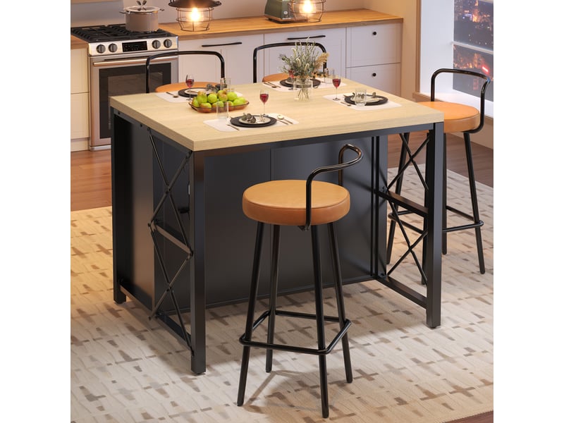  Îlot de cuisine noir avec éclairage led, table de bar avec rangement et porte en verre, plateau texture bois, 100x80x90cm  - Conforama R