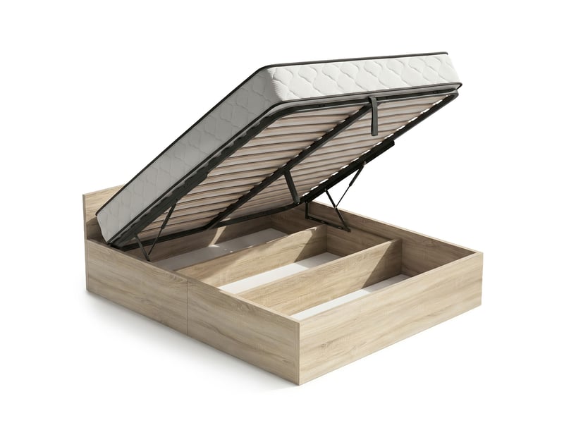  Lit coffre 160x200 cm sommier relevable en métal et matelas à ressorts chêne sonoma  - Conforama A