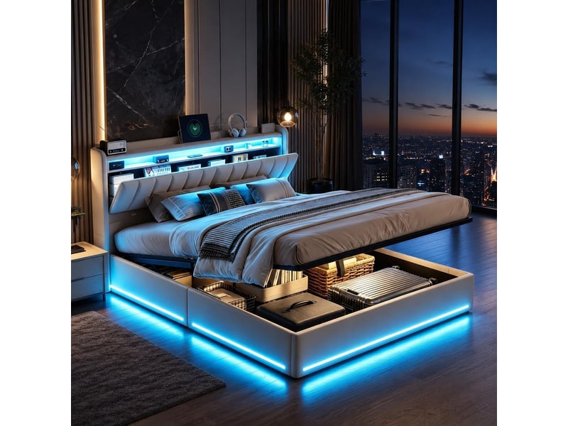 Lit coffre 160x200 cm avec éclairage led et port usb, lit adulte avec tête de lit avec rangement, lits 2 personnes, velours, beige - Conforama B