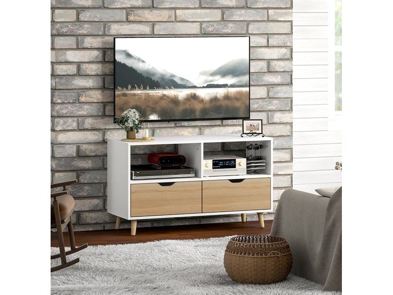  Meuble tv ulevr 99 cm avec 2 niches et 2 tiroirs, rangement câbles, panneau de particules blanc  - Conforama E