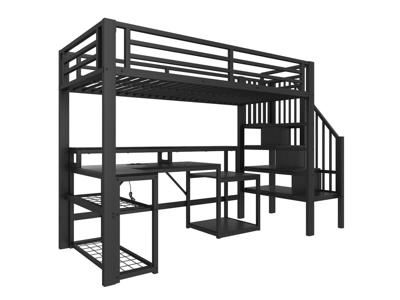  Lit mezzanine avec bureau, escalier rangement, led et usb, métal noir, 90x200 cm, sans matelas  - Conforama D