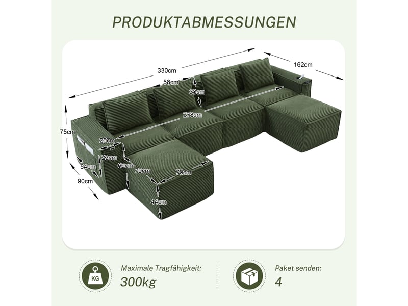  Canapé modulaire en velours - 4 places avec 2 poufs - velours côtelé vert - dimensions 330x162x75cm - Conforama B