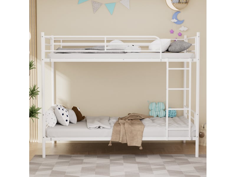  Lit superposé 90 × 190 cm avec échelle et garde-corps, structure en acier blanc, matelas non inclus  - Conforama C