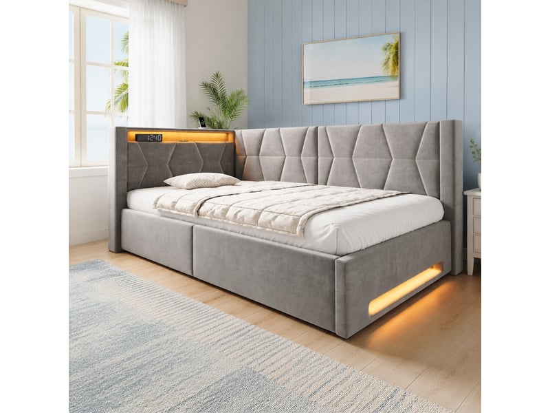  Lit coffre simple 90×200 cm avec led, usb et type-c - okmyhome- en velours gris foncé, sans matelas  - Conforama B