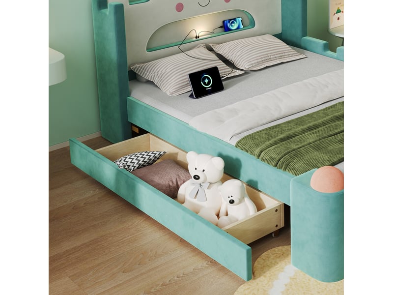  Lit enfant 140x200 cm avec tête de lit nuage, lampe led usb et tiroir de rangement, velours, bleu-vert, sans matelas  - Conforama E