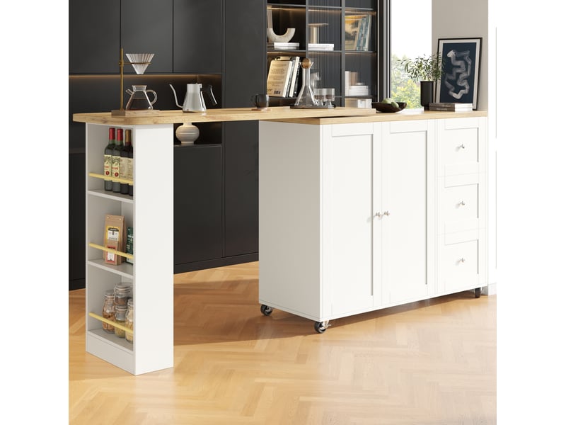  Îlot de cuisine mobile pivotant à 360° avec 3 tiroirs, mdf blanc, 203 cm  - Conforama D