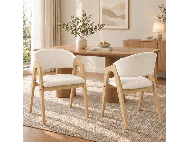  Lot de 6 chaises de salle à manger avec accoudoirs, bois d’hévéa et lin, beige  - Conforama B