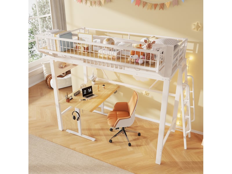  Lit mezzanine 90 × 200 cm 1 place avec rangements, espace ouvert et escalier réversible, sans matelas, métal blanc  - Conforama C