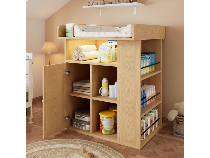 Table à langer bois naturel éclairage led réglable couleur luminosité grand rangement latéral espace à langer séparateur  - Conforama E