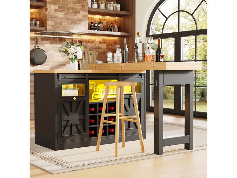  Buffet et enfilade avec 2 portes, led rgb et table extensible pivotante pour cuisine moderne, noir 120 × 40 × 72 cm  - Conforama E