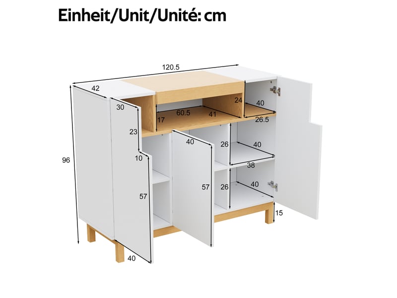  Buffet ulevr 3 portes avec rangement ouvert, 120,5 x 42 x 96 cm, panneaux de particules blancs et décor bois  - Conforama C