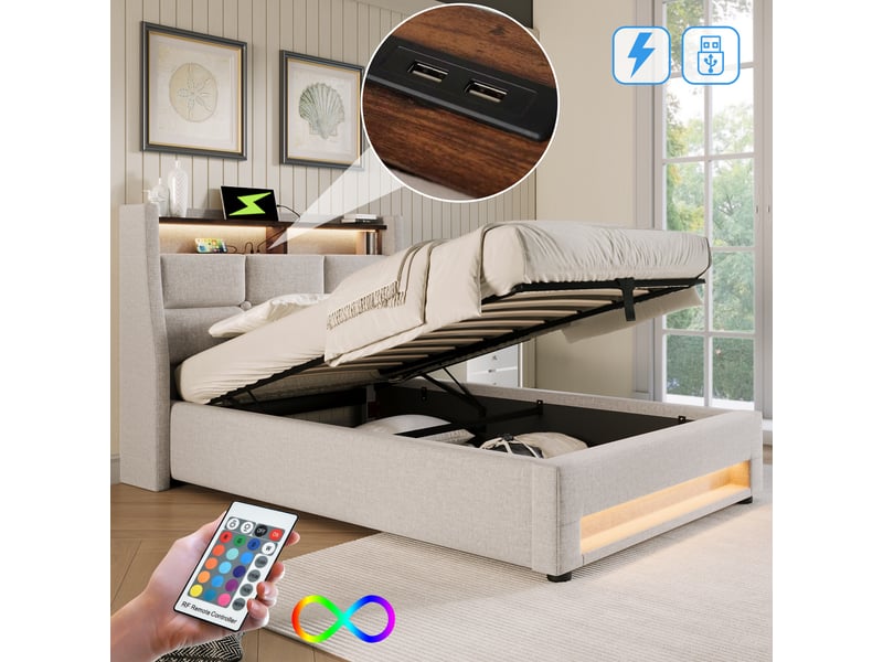 Lit 1 place 90x200cm, lit coffre avec led, espace de rangement, tête de lit et sommier, charge, lin beige, sans matelas - Conforama C