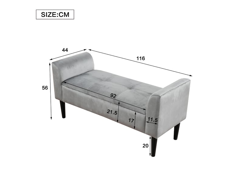  Banc rembourré 116 x 44 x 56 cm gris, velours et mdf, avec accoudoirs pour chambre ou salle à manger  - Conforama C