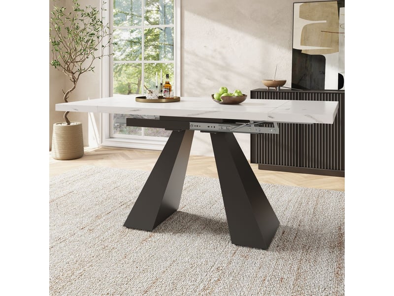 Table de cuisine 160x80, plateau laqué blanc élégant table à manger, système télescopique extensible, structure métal robuste  - Conforama B