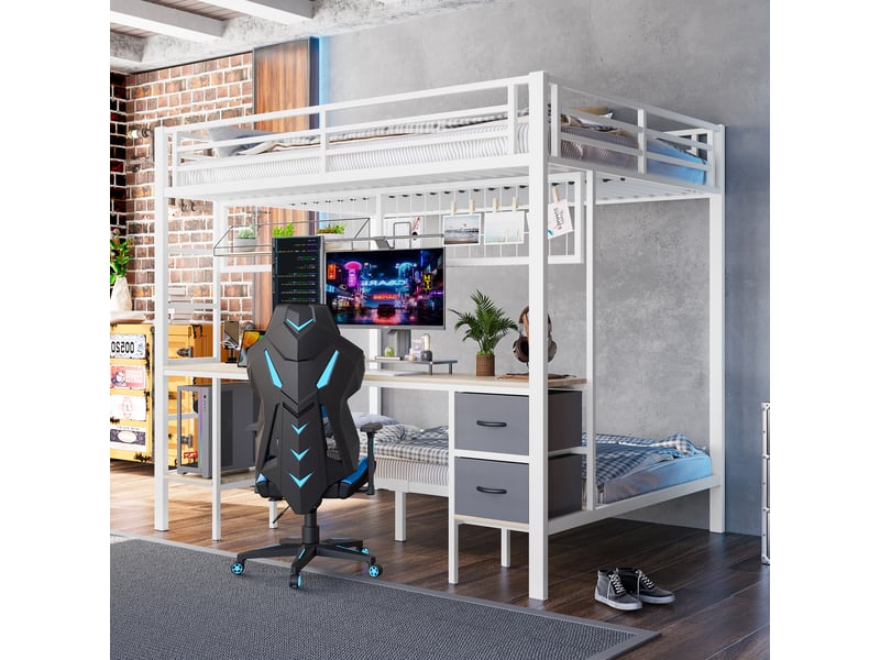 Lit surélevé 90x200 cm et 140x200 cm blanc, tiroirs, étagères, bureau, led 7 couleurs, usb, sans matelas  - Conforama D