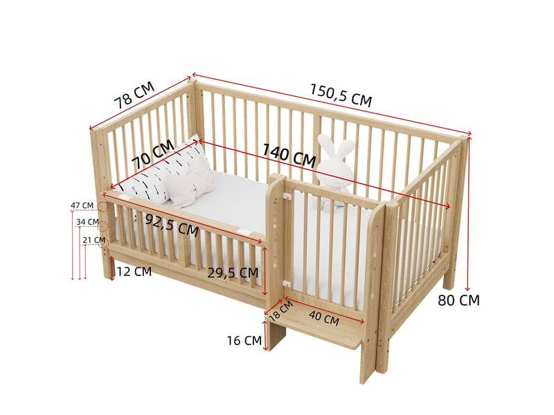  Lit bébé évolutif 140x70 cm lit cododo pin massif naturel avec barrière de sécurité et marchepied intégré  - Conforama C
