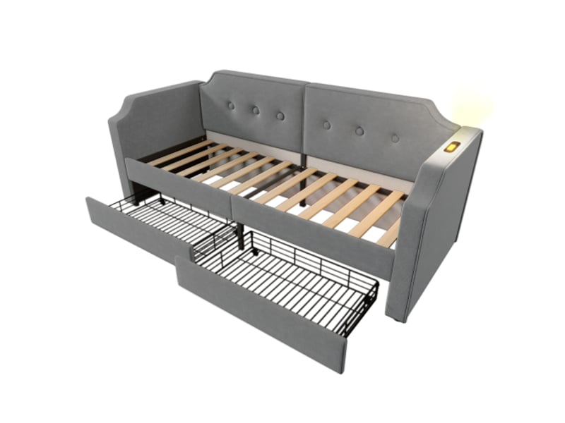  Lit enfant 90x200 cm, lit simple avec 2 tiroirs, cadre de lit avec sommier à lattes en bois et tête de lit, en lin, gris, sans matelas  - Conforama E