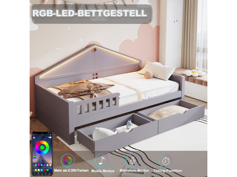  Lit enfant 90x200 cm gris avec bandeau led contrôlable, 2 tiroirs et sommier à lattes inclus  - Conforama D