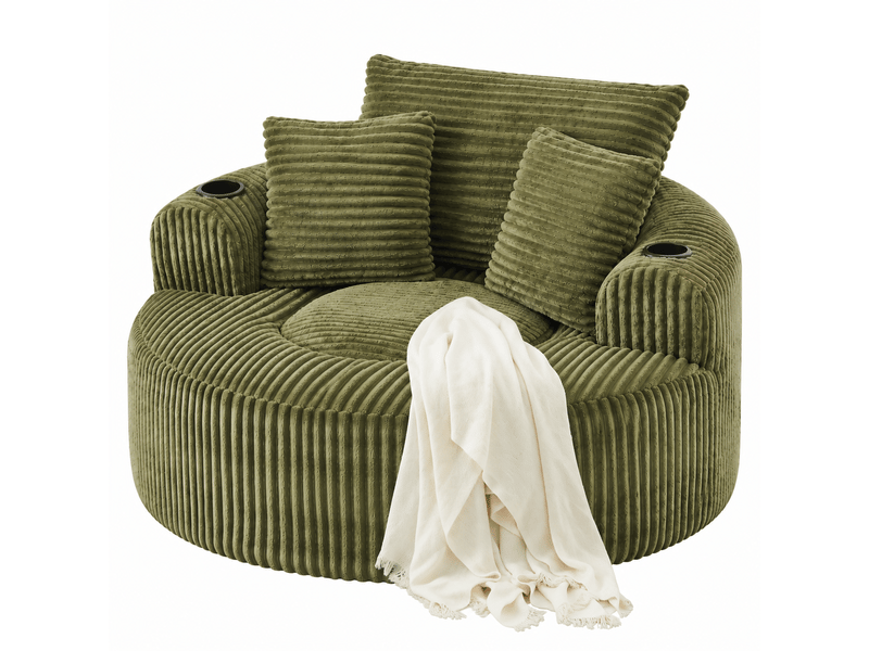 Fauteuil lounge rond 1 place - 3 coussins, 2 porte-gobelets et poches latérales - velours côtelé - vert CozyNest - Conforama A