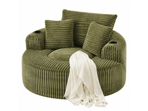 Fauteuil lounge rond 1 place - 3 coussins, 2 porte-gobelets et poches latérales - velours côtelé - vert