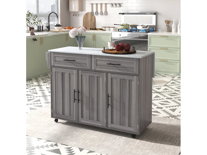  Desserte de cuisine 129 x 46 x 91,5 cm extensible, mdf gris et blanc à roulettes  - Conforama D