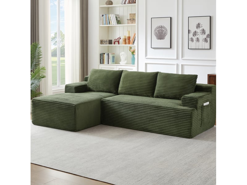  Canapé d’angle modulable convertible 4 places 238x152x66 cm en velours côtelé vert  - Conforama W