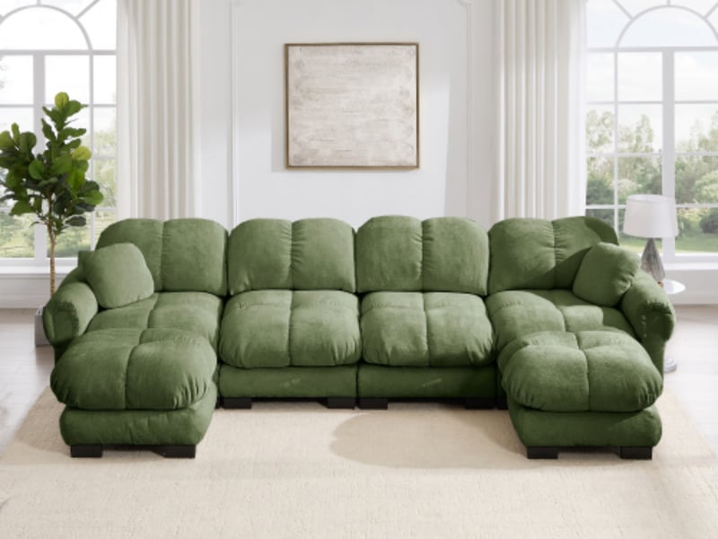  Canapé modulable en u 4 places avec 2 poufs mobiles, 330 x 149 x 90 cm, chenille vert  - Conforama B