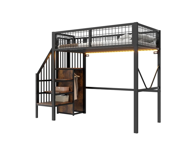  Lit mezzanine 90x200 cm en métal avec échelle de rangement, éclairage led, garde-corps sécurisé et espace bureau ou canapé sous le lit - noir  - Conforama A