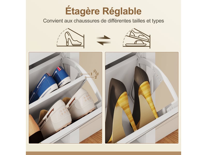  Meuble à chaussures 20 paires bohème avec 4 tiroirs rabattables, portes effet cannage rotin, blanc, 105 x 24 x 95,5 cm  - Conforama R