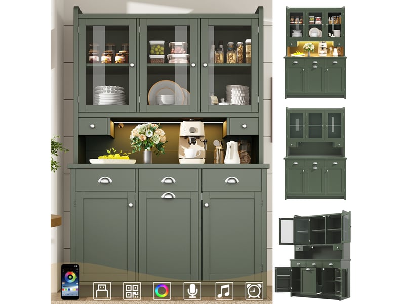  Buffet de cuisine haut led avec 3 portes vitrées, 3 tiroirs et étagères réglables, en mdf, vert, 120 × 40 × 180 cm  - Conforama D