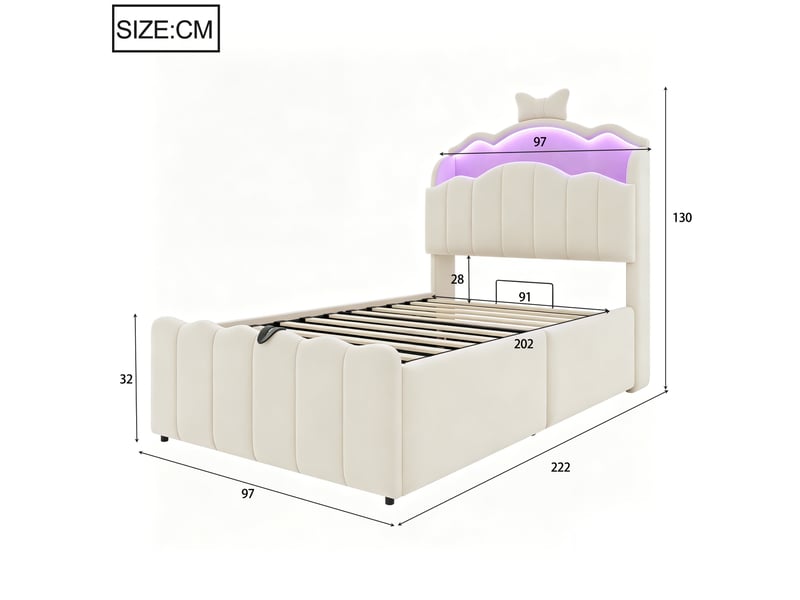  Lit enfant 90x200 cm en velours avec rangement hydraulique, led et usb, beige  - Conforama C