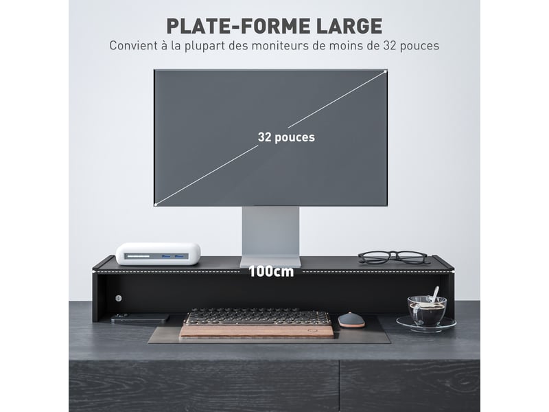  Rehausseur écran pc bureau support d'écran d'ordinateur de 100 cm support moniteur avec compartiments deux, noir  - Conforama E