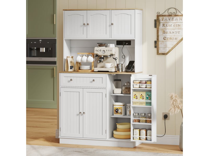  Buffet de cuisine haut, meuble de cuisine avec station de recharge, 6 portes, plan de travail, étagère à épices, 100 x 40 x 173 cm, blanc  - Conforama C