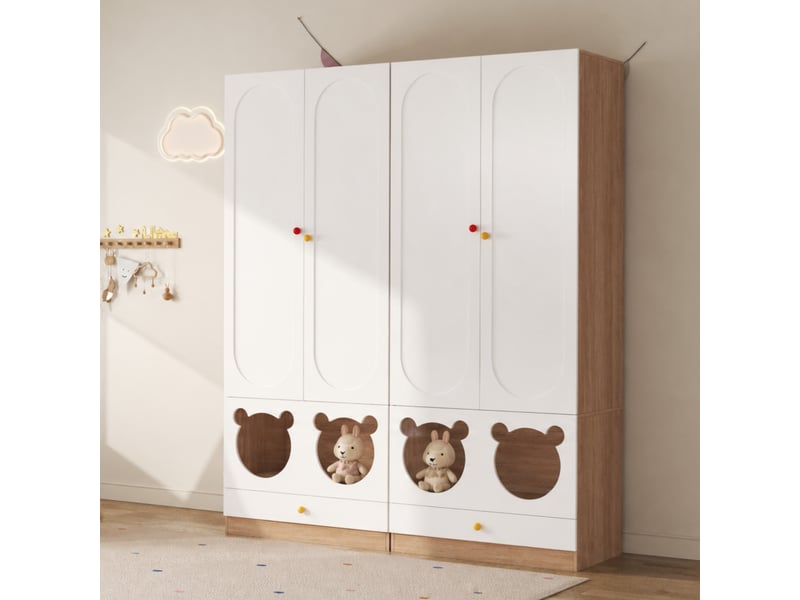  Armoire enfant 80x50x200 cm - 2 portes, penderie, étagères, tiroirs, design ours, blanc et bois  - Conforama D