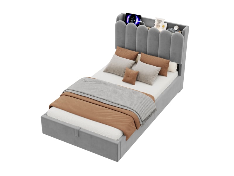 Lit enfant 90 × 200 cm avec coffre hydraulique, tête de lit rembourrée, lampe de lecture, usb et type-c pour chambre - Conforama A